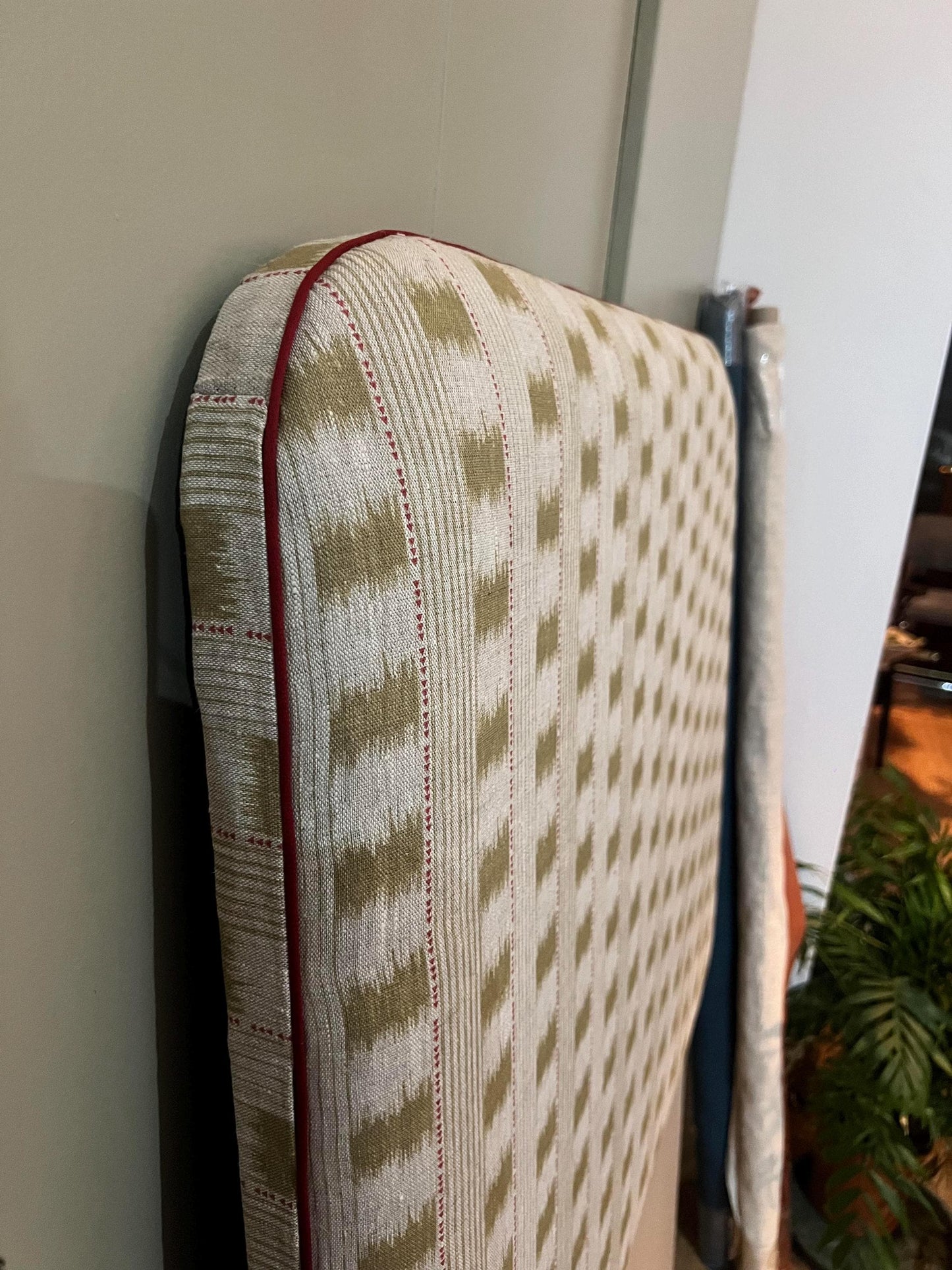 Bespoke Dakkar Ikat Stripe pure linen upholstered headboard with contrasting piping detail, in a choice of colours and sizes