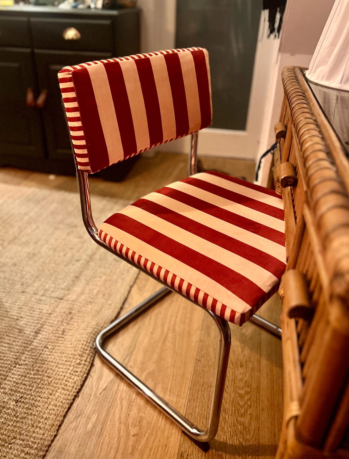 Vintage chrome Cantilever dining chairs c1960s reupholstered in Hackney designer “Colours Of Arley” striped velvet
