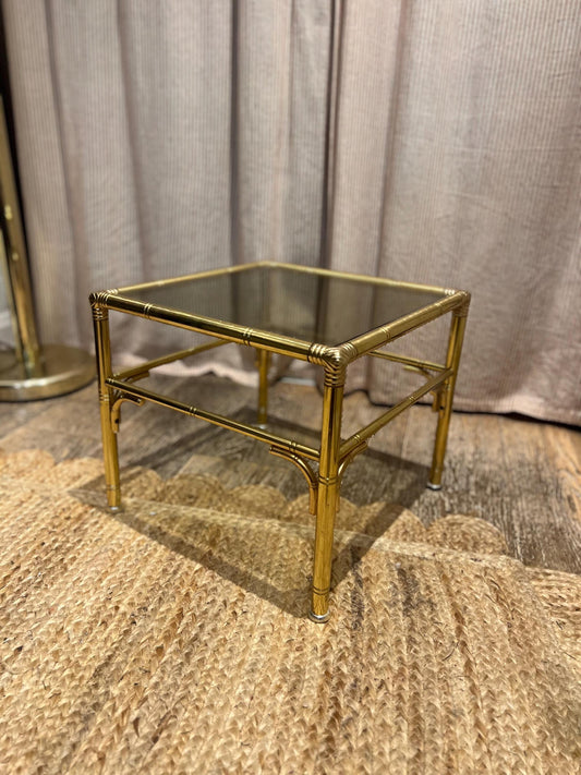 Hollywood Regency style faux bamboo brass side table with smoky glass top