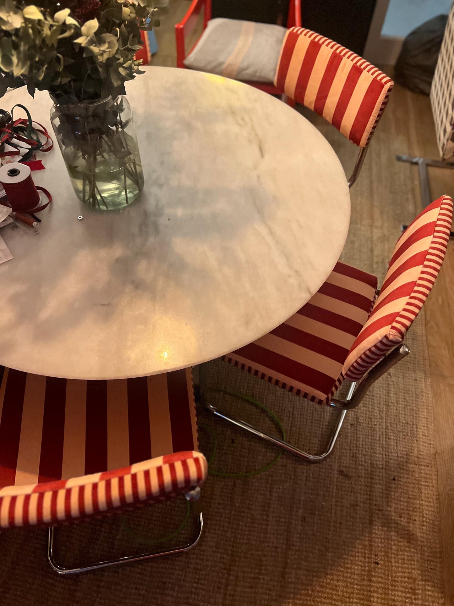 Vintage chrome Cantilever dining chairs c1960s reupholstered in Hackney designer “Colours Of Arley” striped velvet