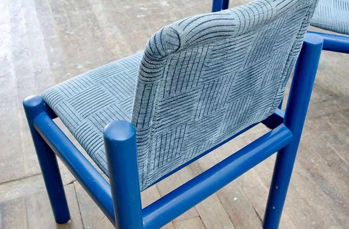 A rare set of four Brutalist Habitat style blue dining chairs reupholstered in your choice of Colours Of Arley Hackney striped velvet