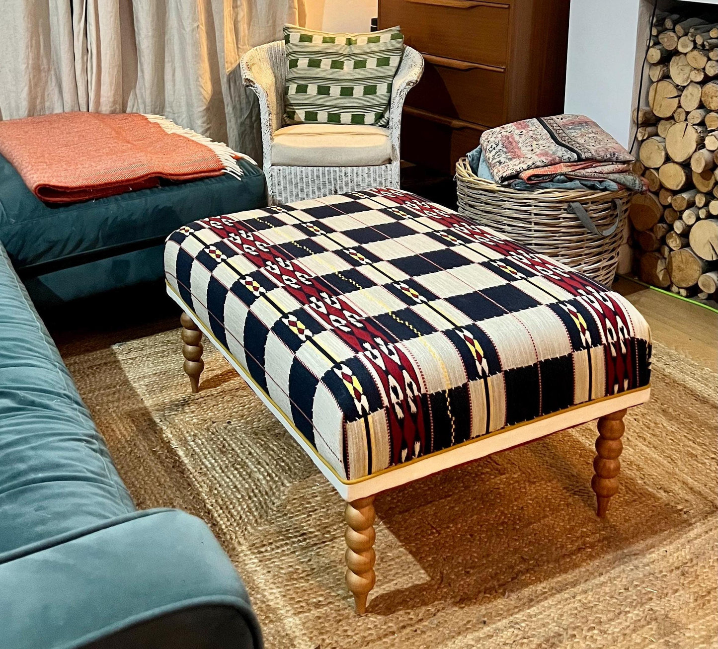 Bespoke Christopher Farr Cloth upholstered Ottoman footstool in "Chubby Check" fabric by Kit Kemp