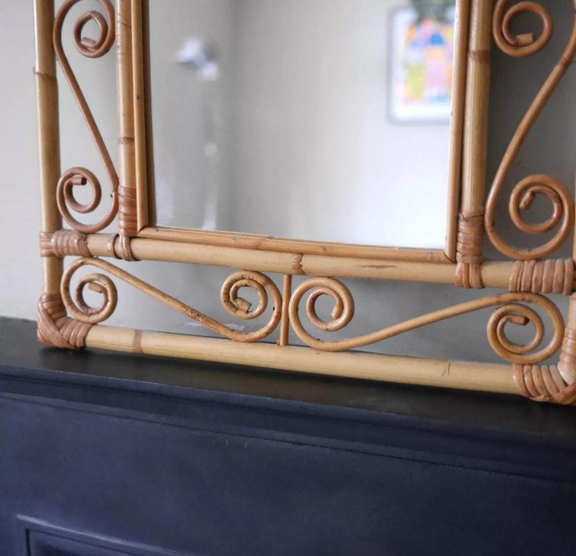 1970s decorative bamboo wall mirror, bohemian