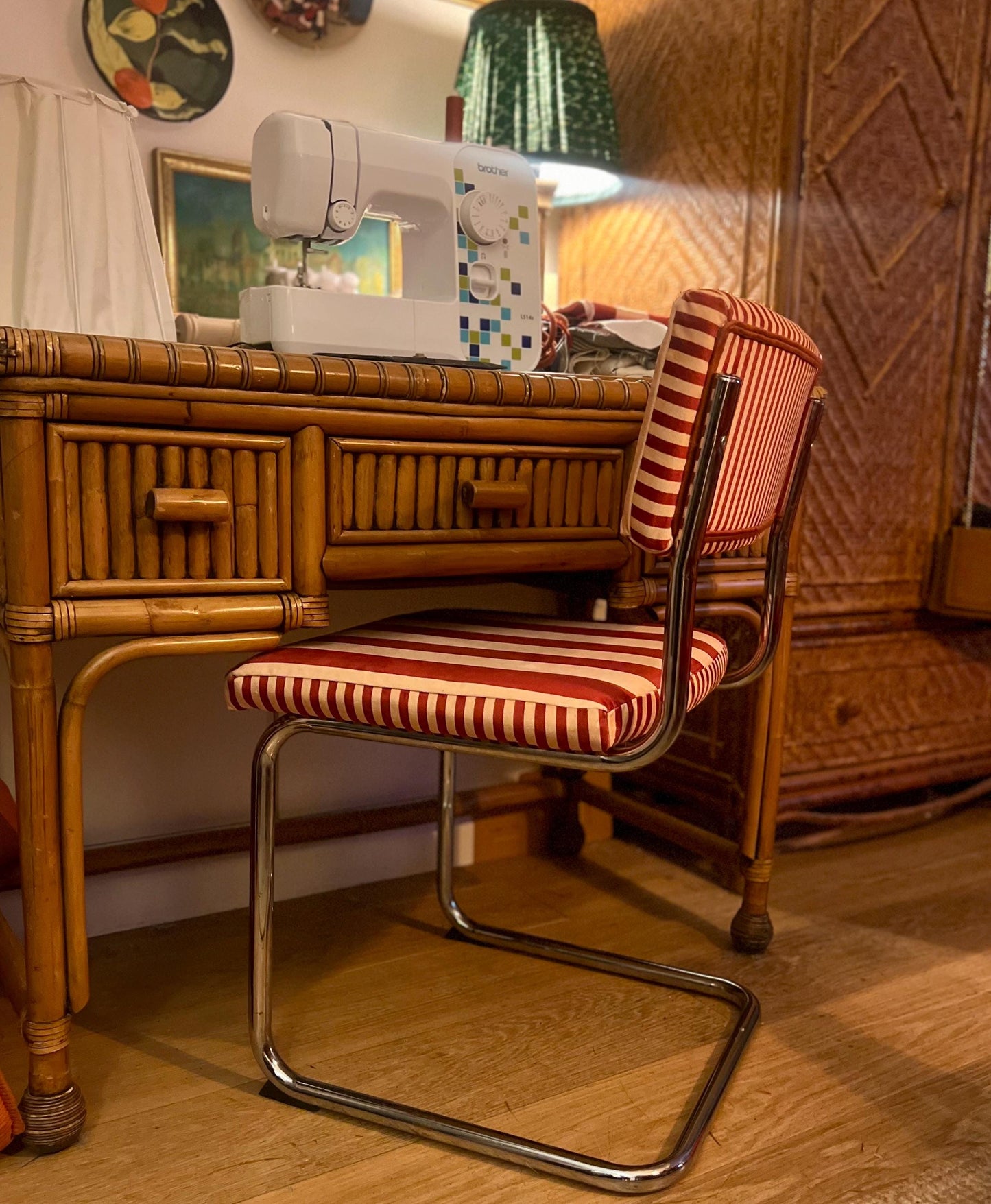 Vintage chrome Cantilever dining chairs c1960s reupholstered in Hackney designer “Colours Of Arley” striped velvet