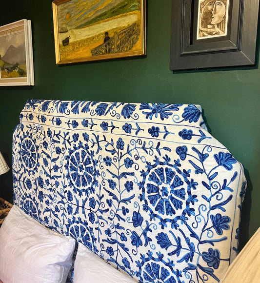 Bespoke hand-embroidered cotton Suzani upholstered headboard in a range of sizes, shapes and colours