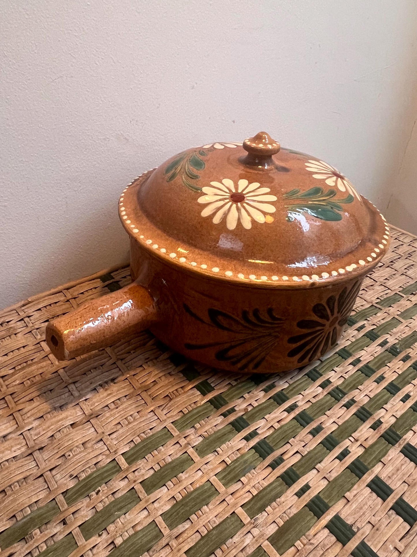 Charming vintage hand painted glazed casserole pot originating from South of France