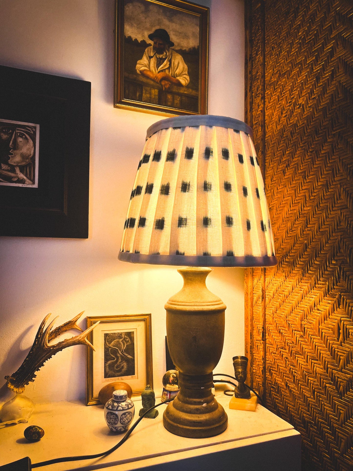 Traditional handmade,  block printed Ikat lamp shades, pleated or ruched in various sizes