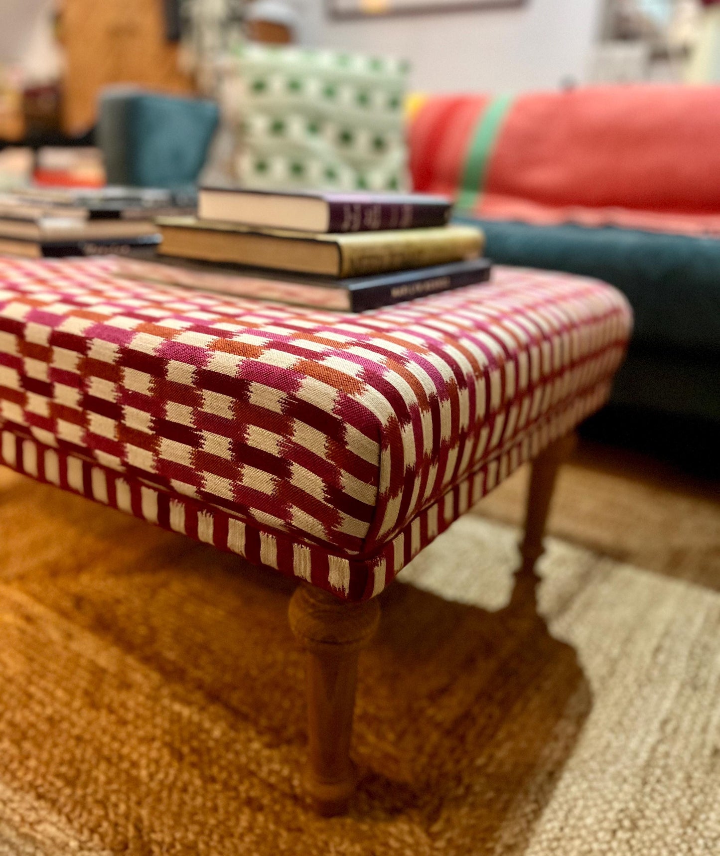 Bespoke Footstool / Ottoman in customers own fabric, custom sizes available and a choice of turned wooden legs