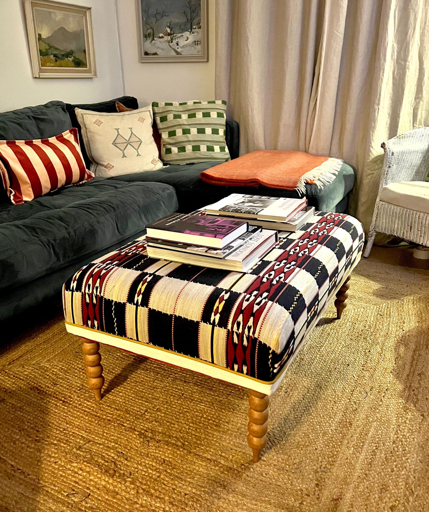 Bespoke Footstool / Ottoman in customers own fabric, custom sizes available and a choice of turned wooden legs