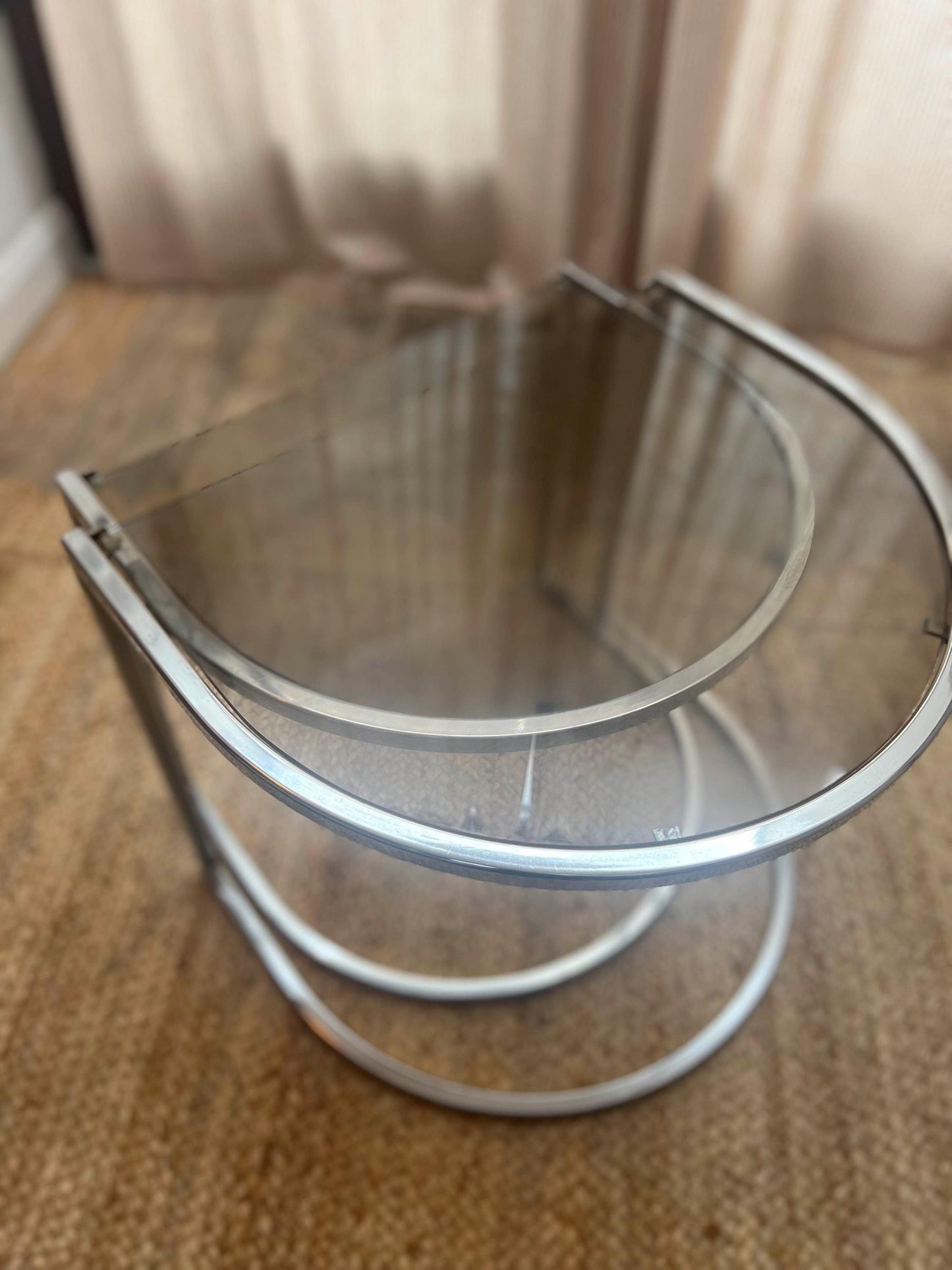 c1970s Vico Magistretti Half Moon Chrome and Smoked Glass Nest of Tables.