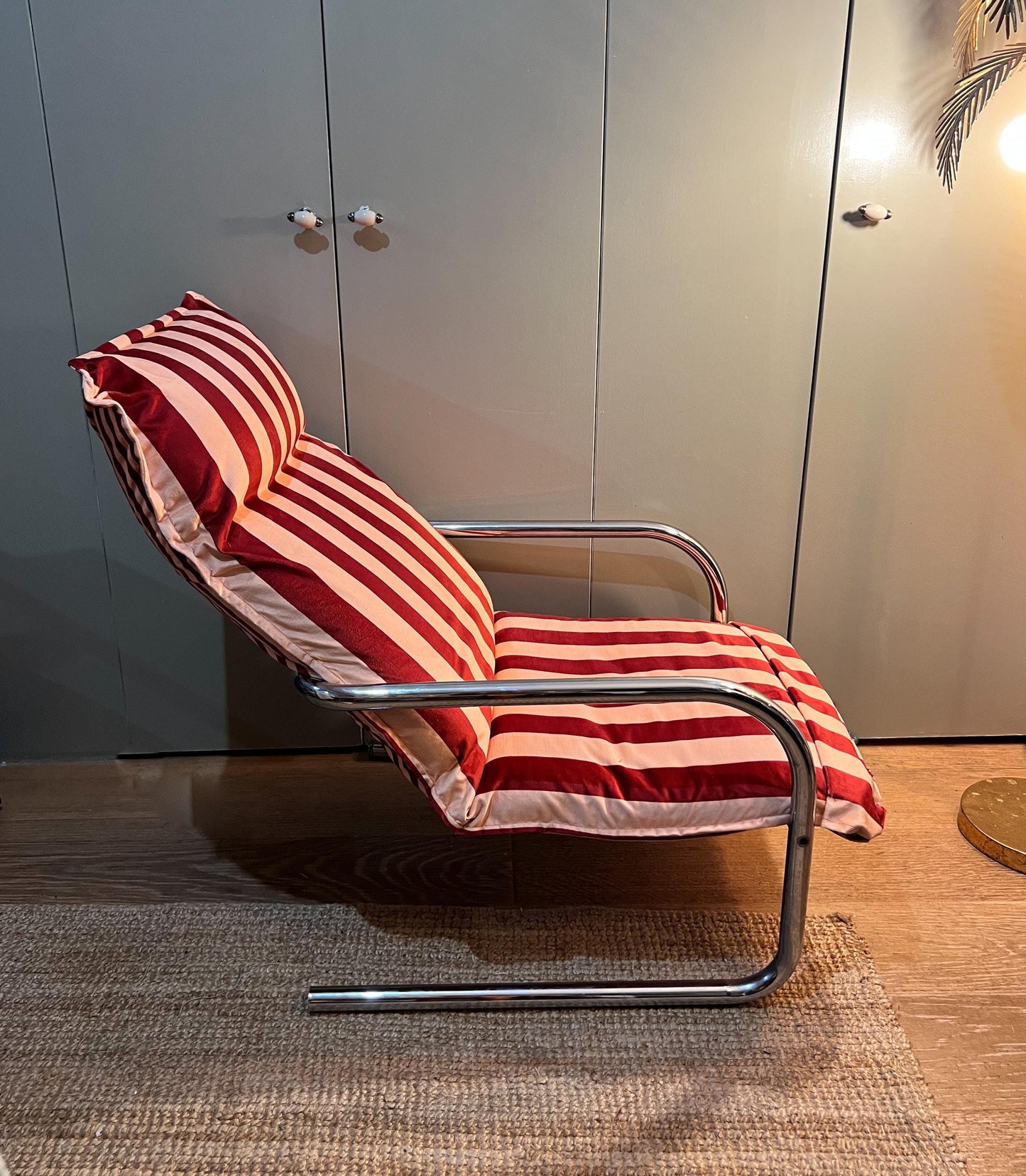 Vintage c1970s chrome armchair newly reupholstered in Colours Of Arly Striped velvet in maroon and Alderley Edge
