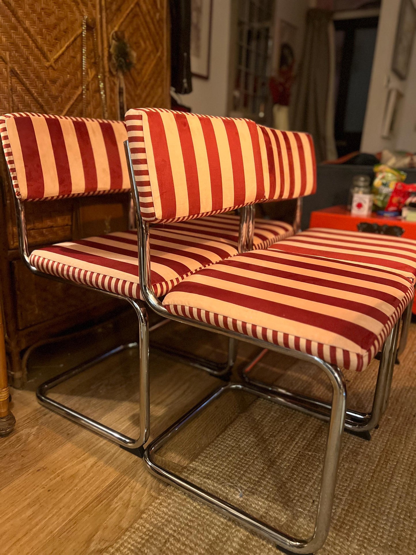 Vintage chrome Cantilever dining chairs c1960s reupholstered in Hackney designer “Colours Of Arley” striped velvet