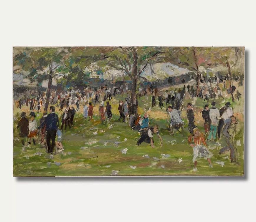 Large Mid-century Oil on board, “A Day in the Park” by British Artist Simon Goldberg (1916-2002)
