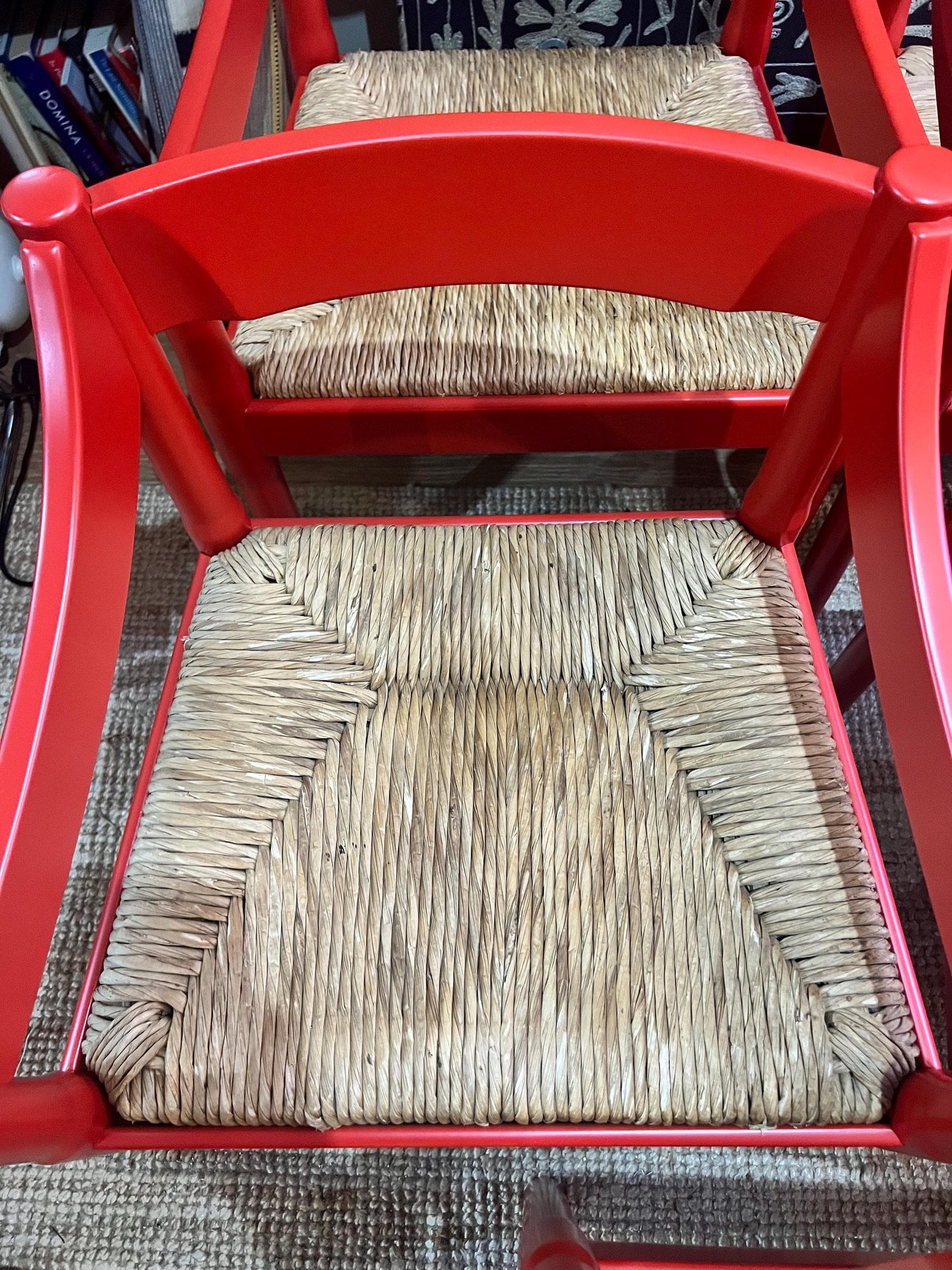 8 Vico Magistretti c1960s Carimate chairs professionally refurbished in classic RAL 3000 RED with rush seats - price is per chair