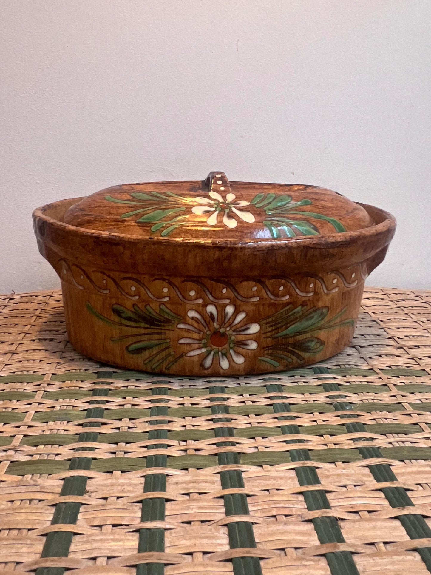 Vintage hand painted glazed casserole pot from South of France