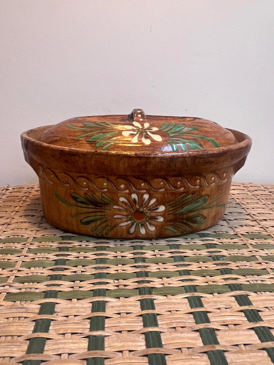 Vintage hand painted glazed casserole pot from South of France