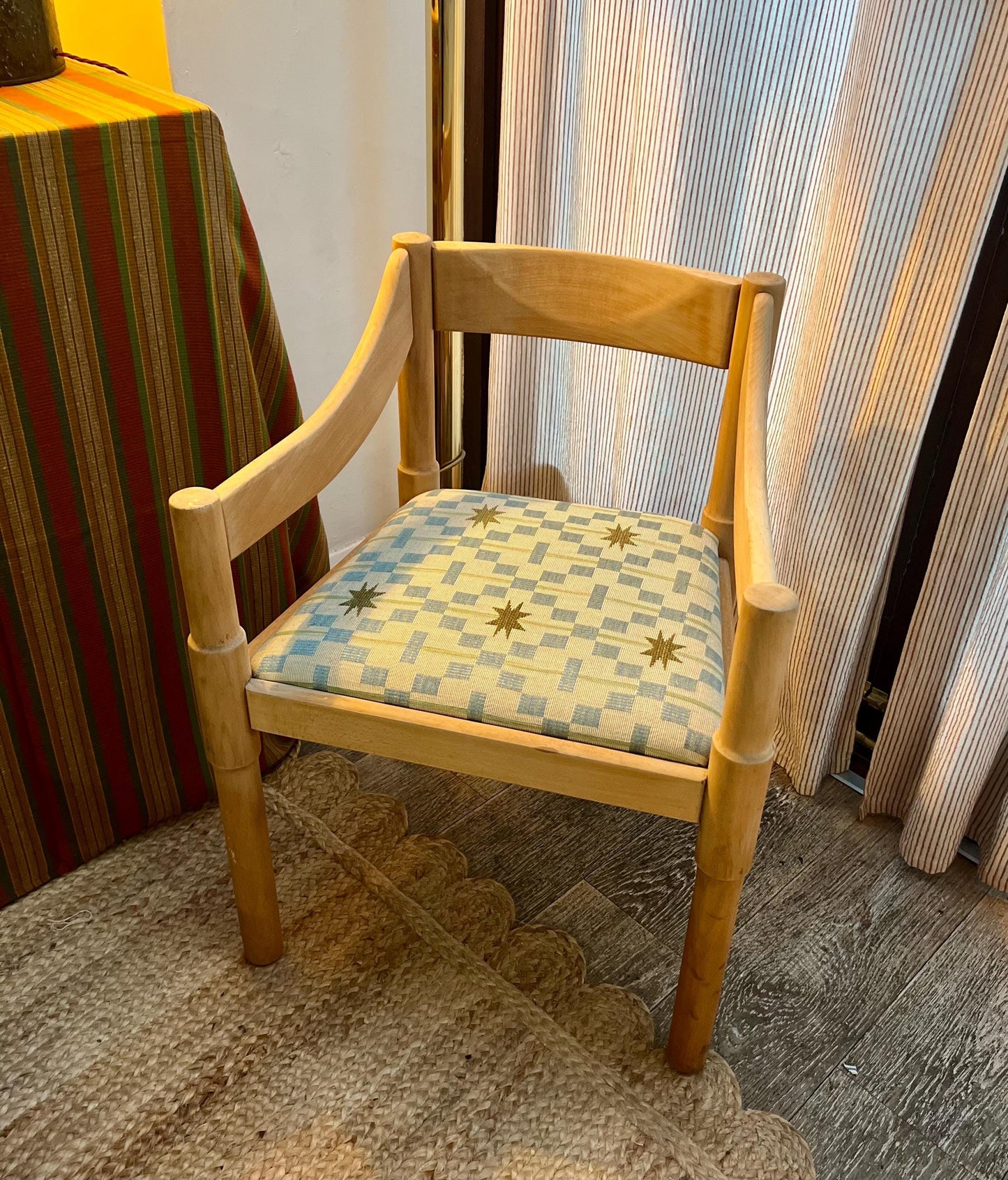 Vico Magistretti Carimate chair c1960s, upholstered in striking Studio Ashby Afua