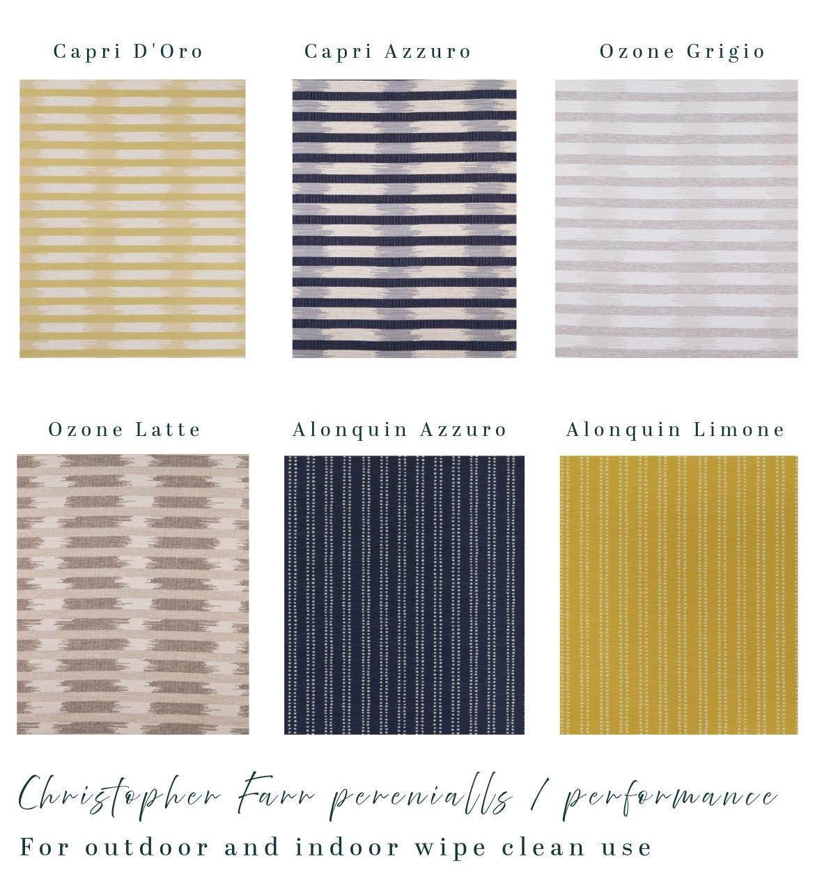 Bespoke banquette cushions in Christopher Farr Cloth premium performance fabric for indoor and outdoor use