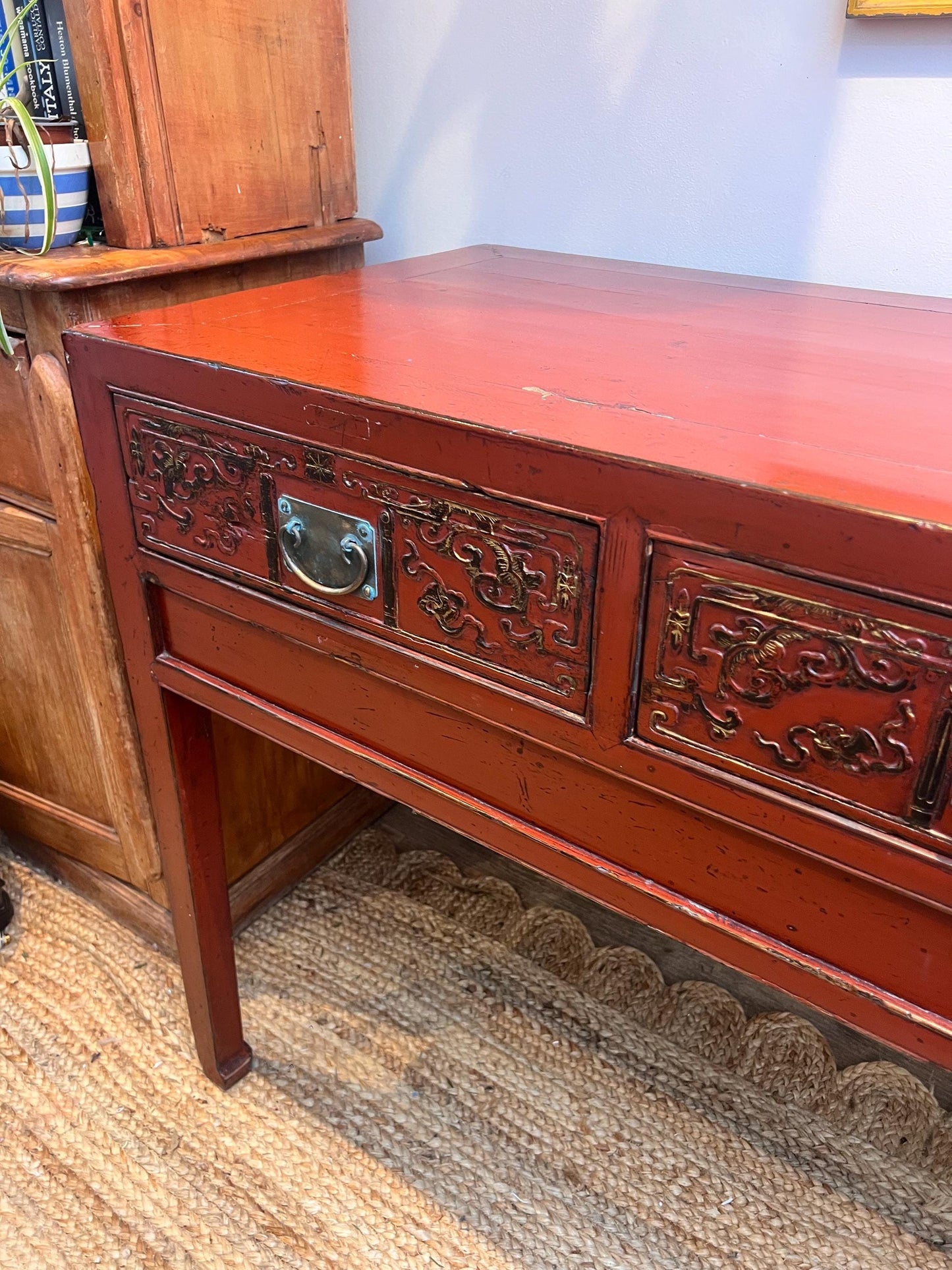 Stunning vintage oriental burnt orange lacquered console table with two drawers