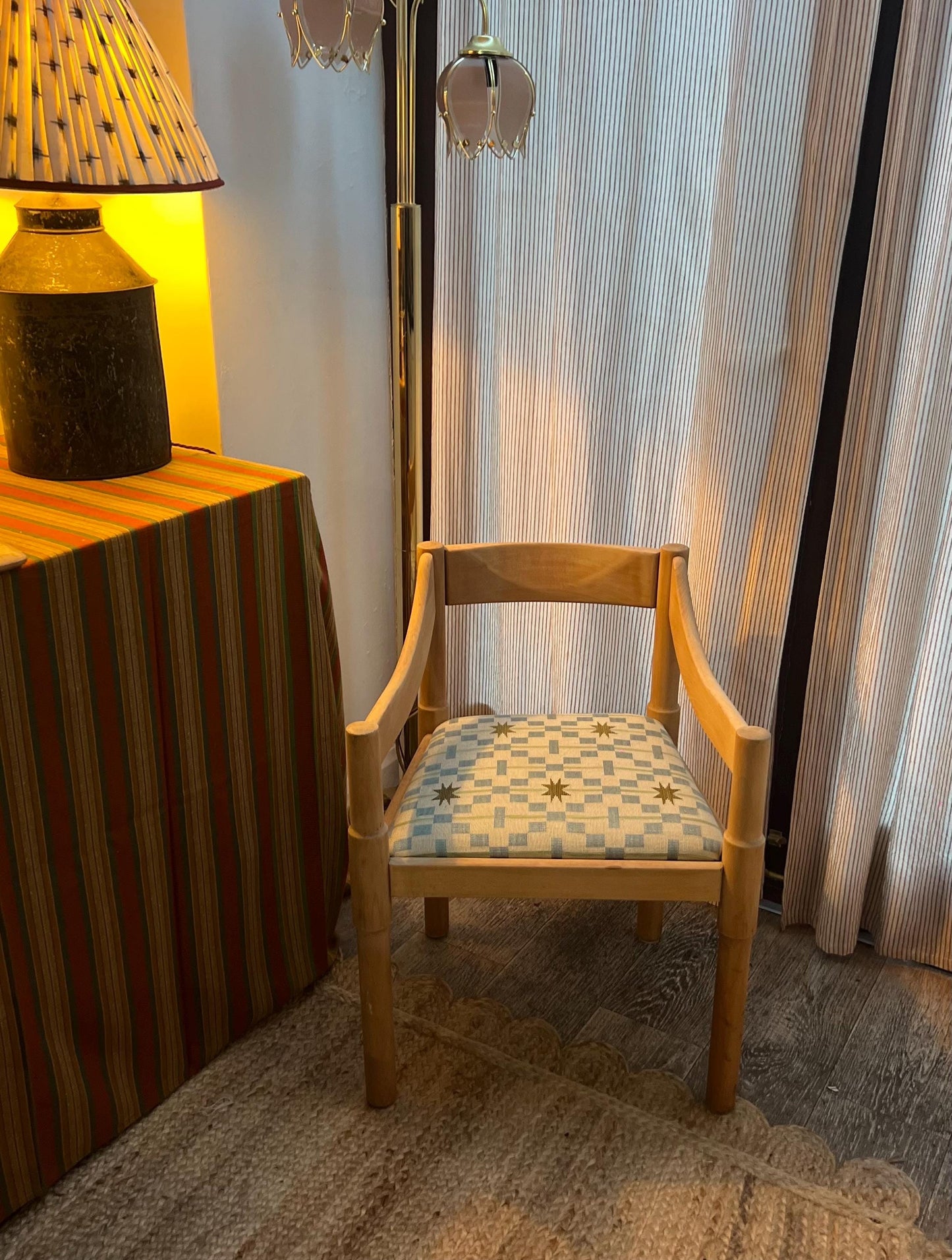 Vico Magistretti Carimate chair c1960s, upholstered in striking Studio Ashby Afua