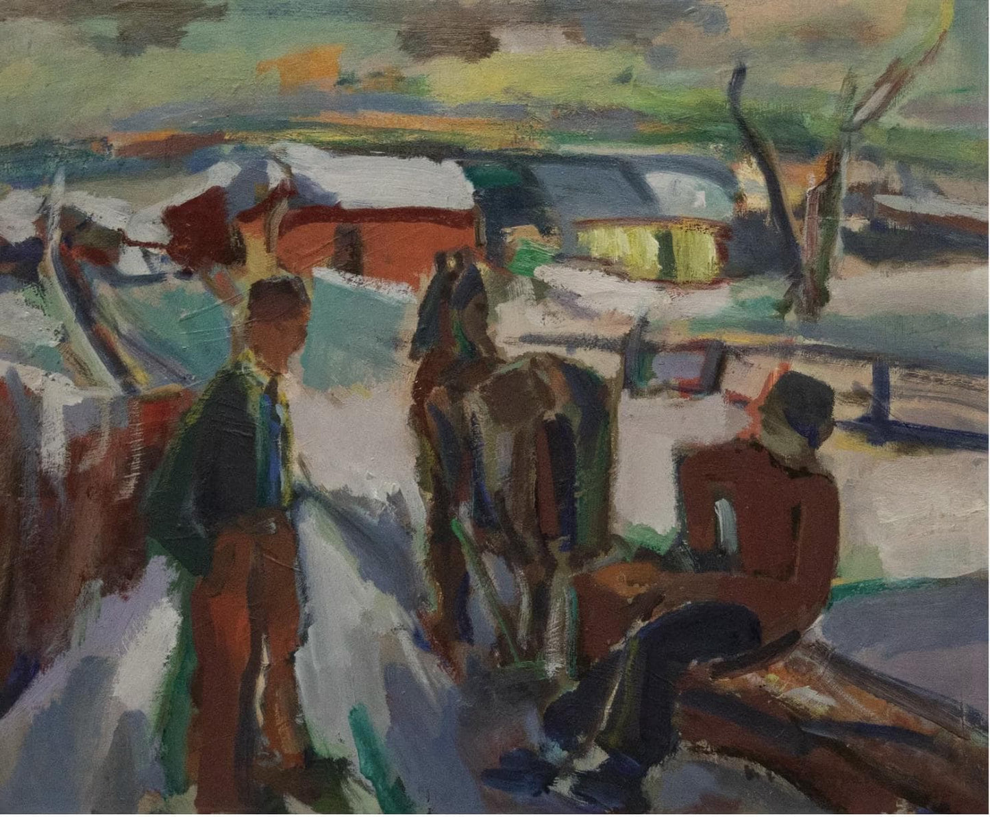 Framed Mid 20th Century Oil on canvas, "Loggers in a Winter Landscape" Karl-Erik Jonsson
