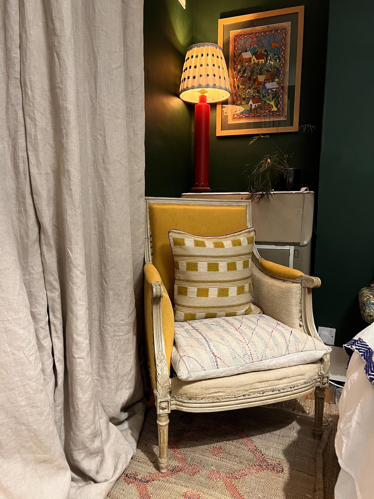 Handmade piped cushions in Christopher Farr Cloth Lost and Found by Kit Kemp
