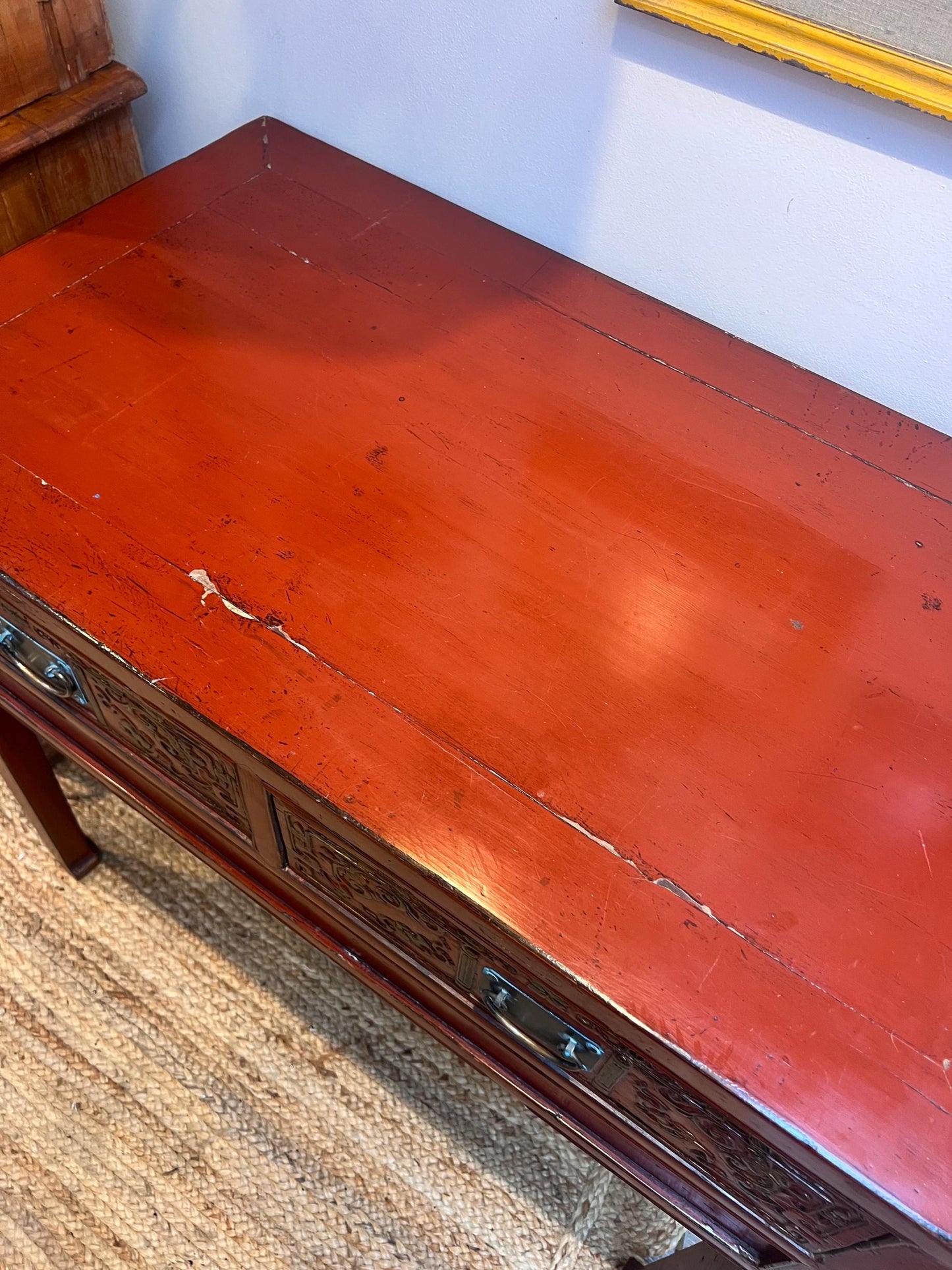 Stunning vintage oriental burnt orange lacquered console table with two drawers