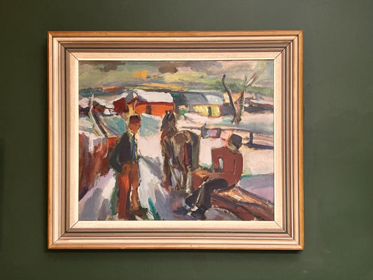 Framed Mid 20th Century Oil on canvas, "Loggers in a Winter Landscape" Karl-Erik Jonsson