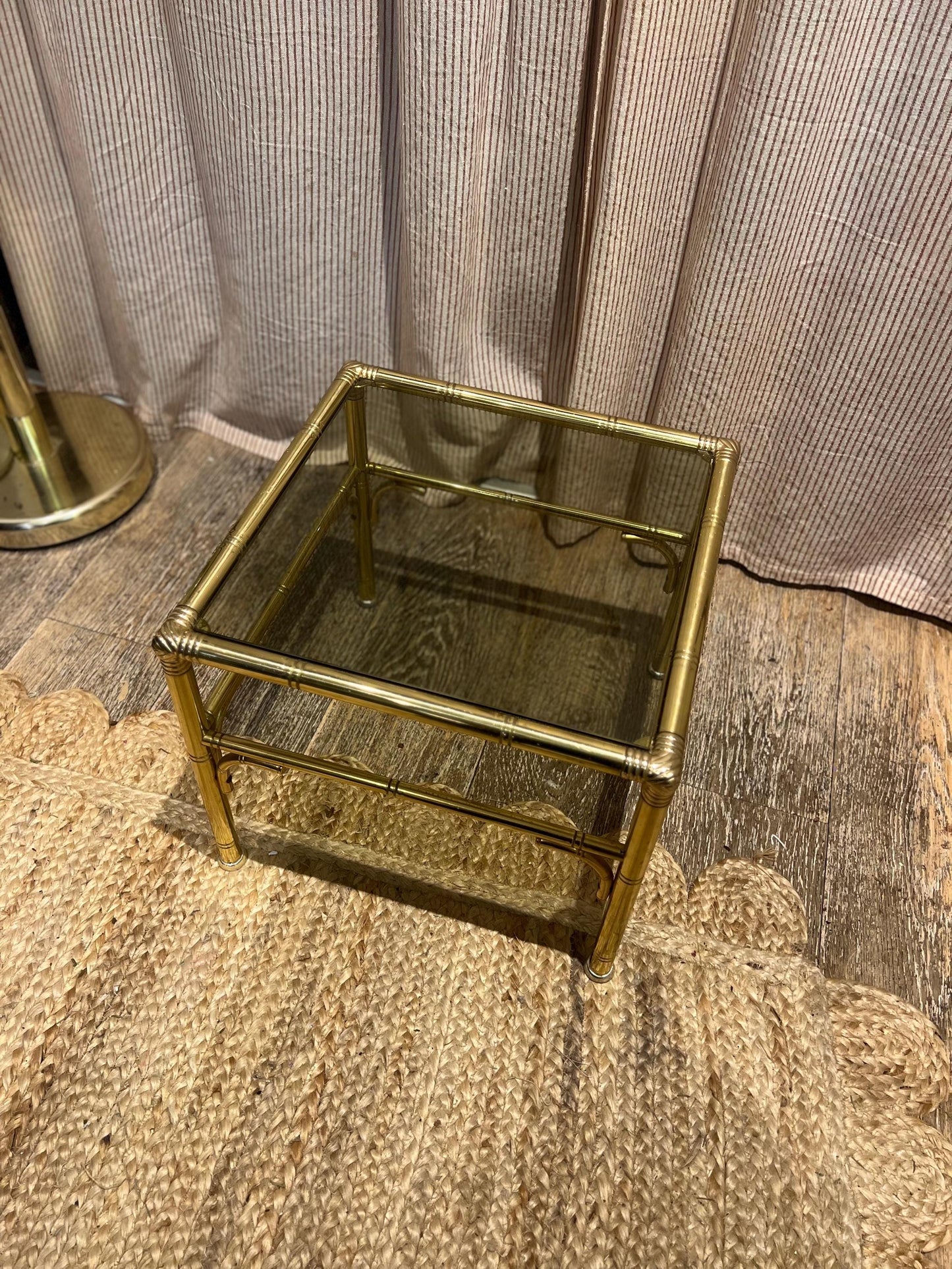 Hollywood Regency style faux bamboo brass side table with smoky glass top