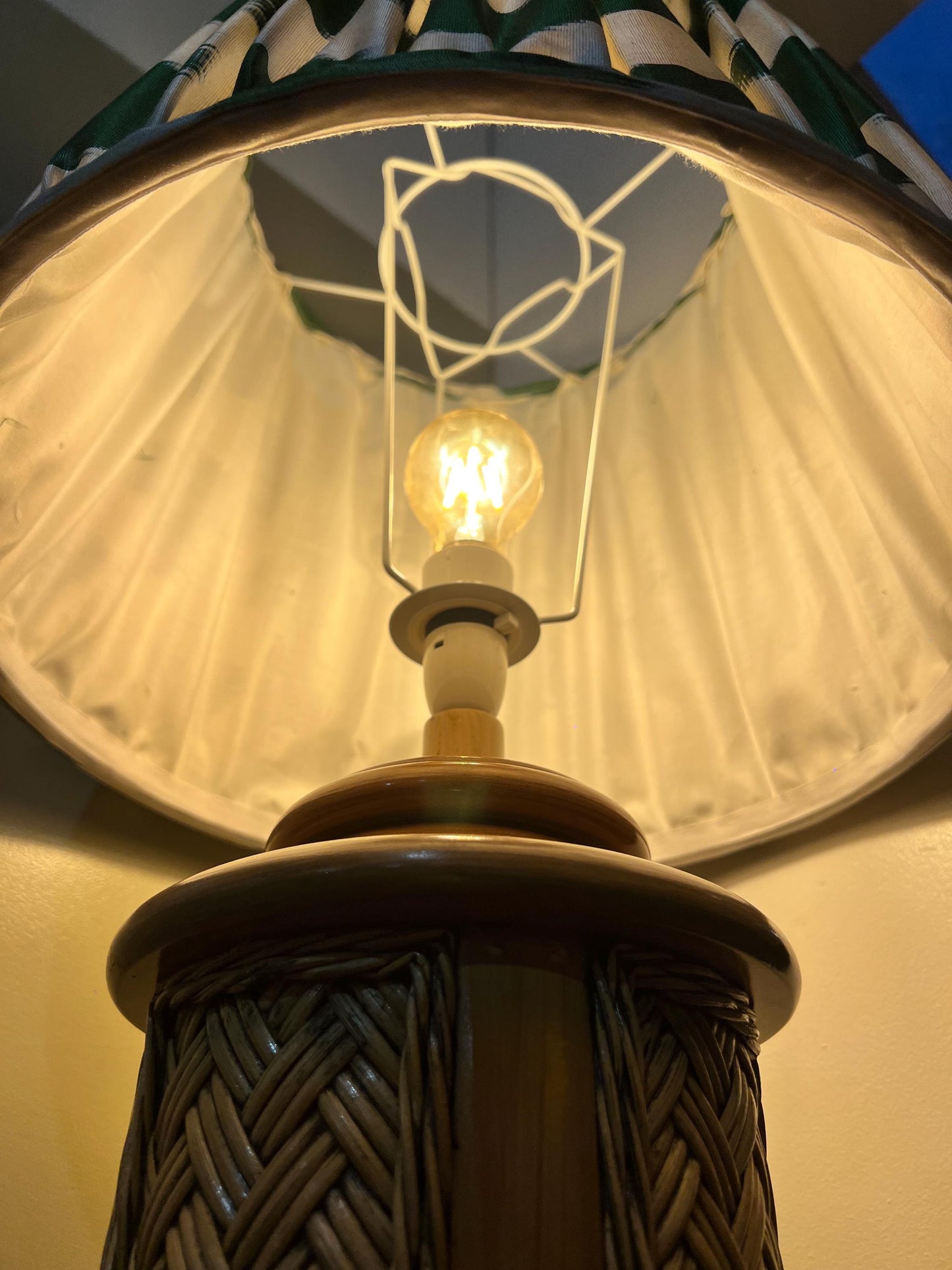 Vintage 1970s woven rattan floor-standing lamp, paired with a handmade blockprinted silk ikat lampshade.
