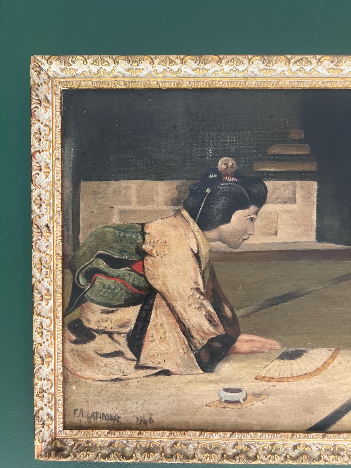 An intriguing Mid-Century oil painting of bowing Geishas by the artist F.R.Latimer signed and dated 1946