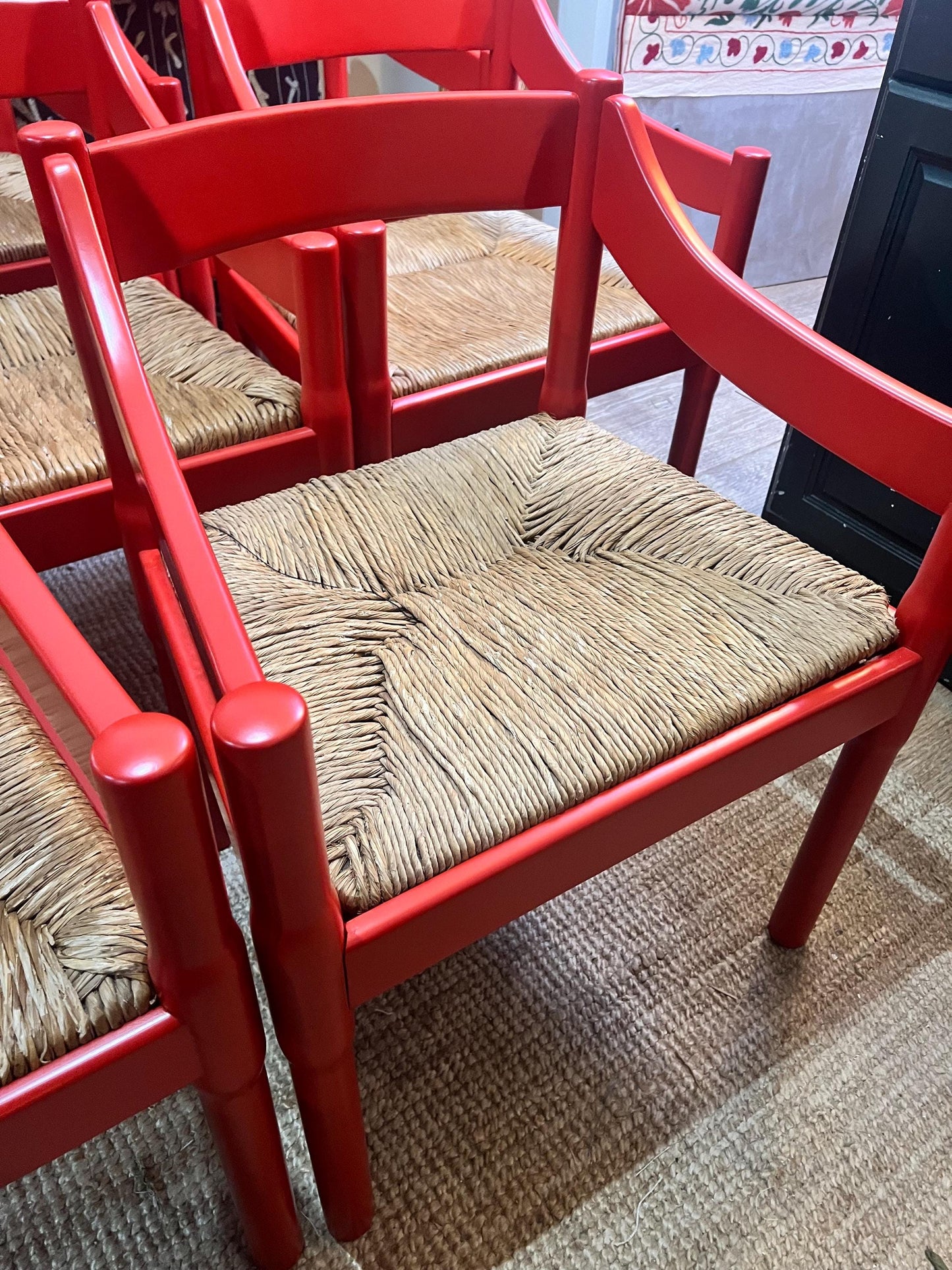 8 Vico Magistretti c1960s Carimate chairs professionally refurbished in classic RAL 3000 RED with rush seats - price is per chair
