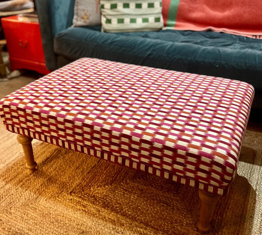 Bespoke Footstool / Ottoman in customers own fabric, custom sizes available and a choice of turned wooden legs