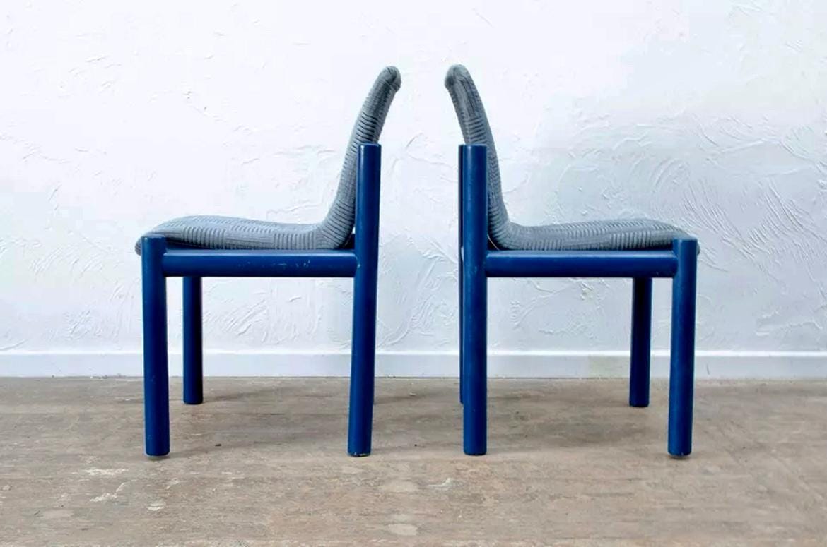 A rare set of four Brutalist Habitat style blue dining chairs reupholstered in your choice of Colours Of Arley Hackney striped velvet