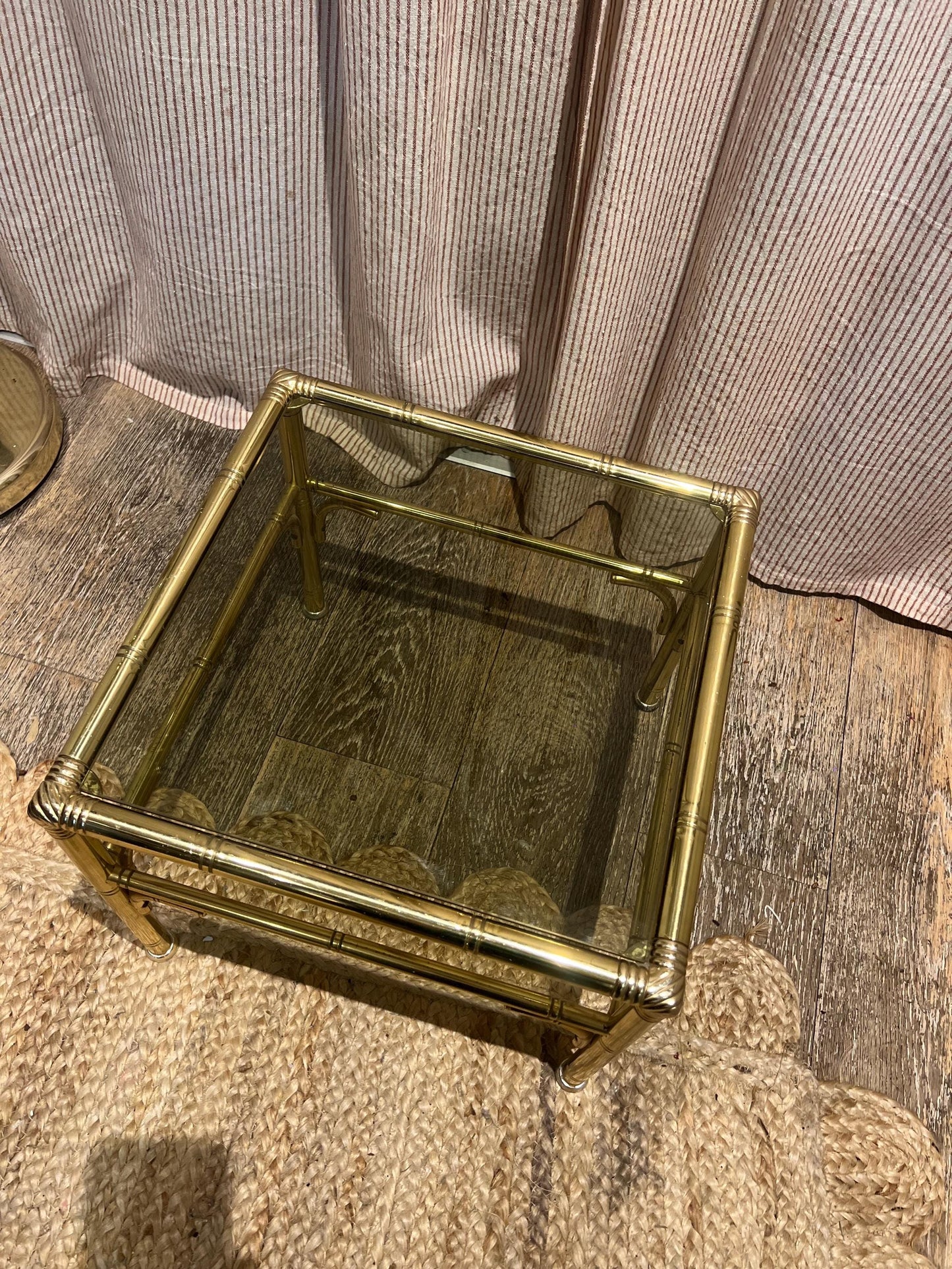 Hollywood Regency style faux bamboo brass side table with smoky glass top