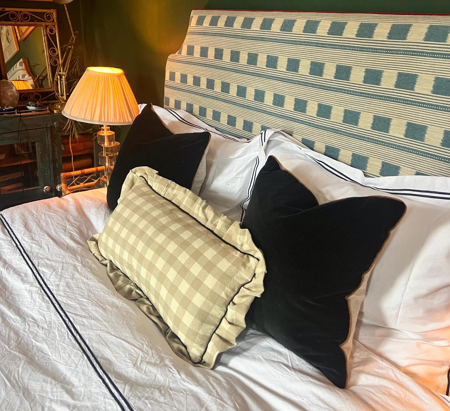 Handmade frilly gingham cushion with piping detail and invisible zip in various sizes and colours