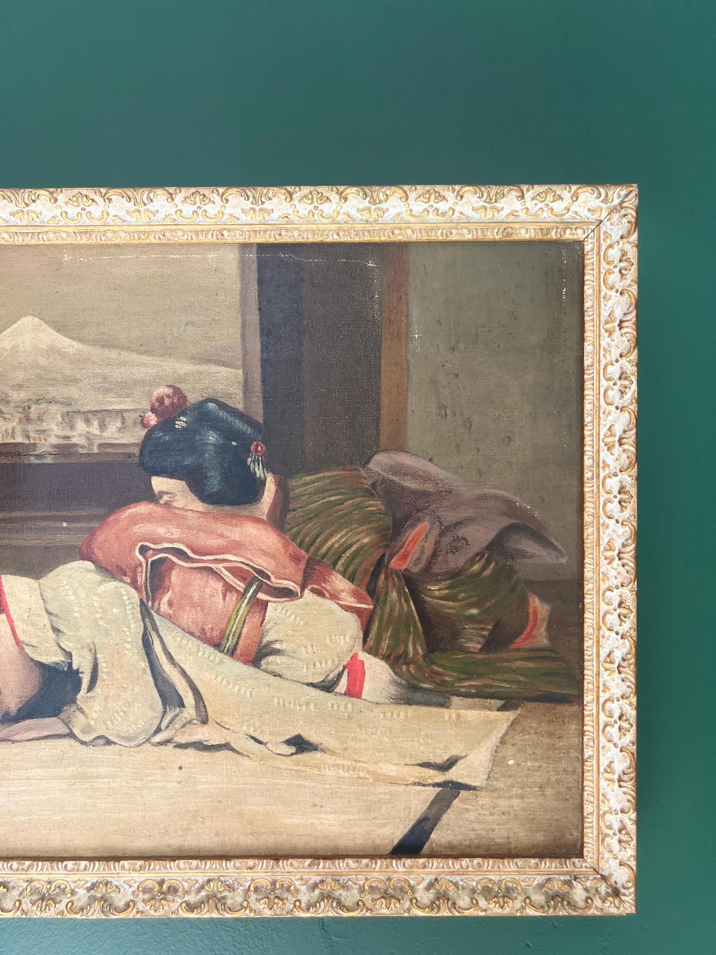 An intriguing Mid-Century oil painting of bowing Geishas by the artist F.R.Latimer signed and dated 1946