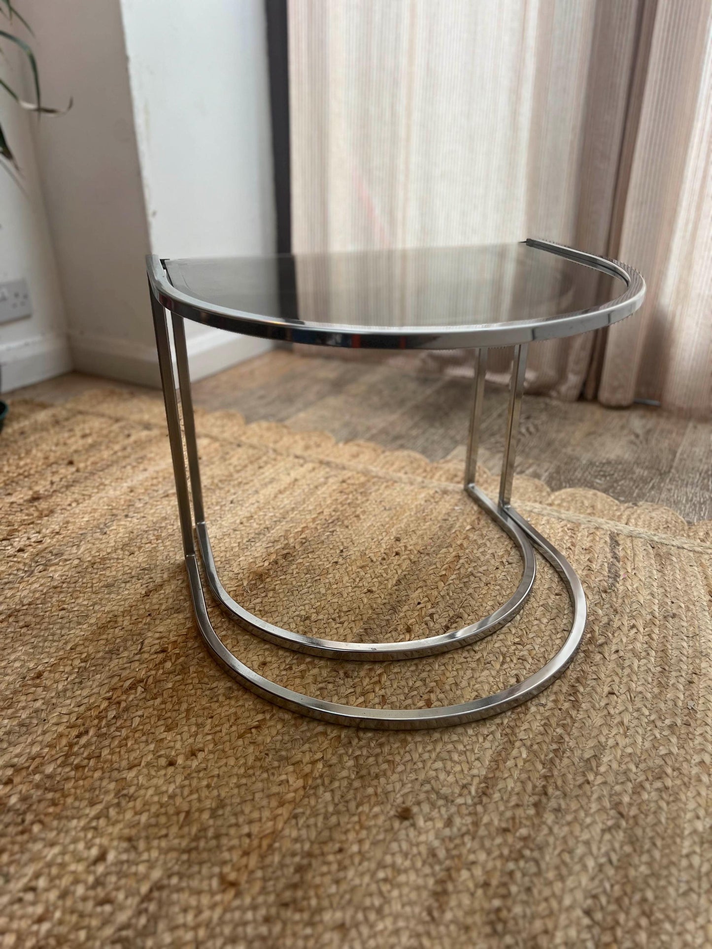 c1970s Vico Magistretti Half Moon Chrome and Smoked Glass Nest of Tables.