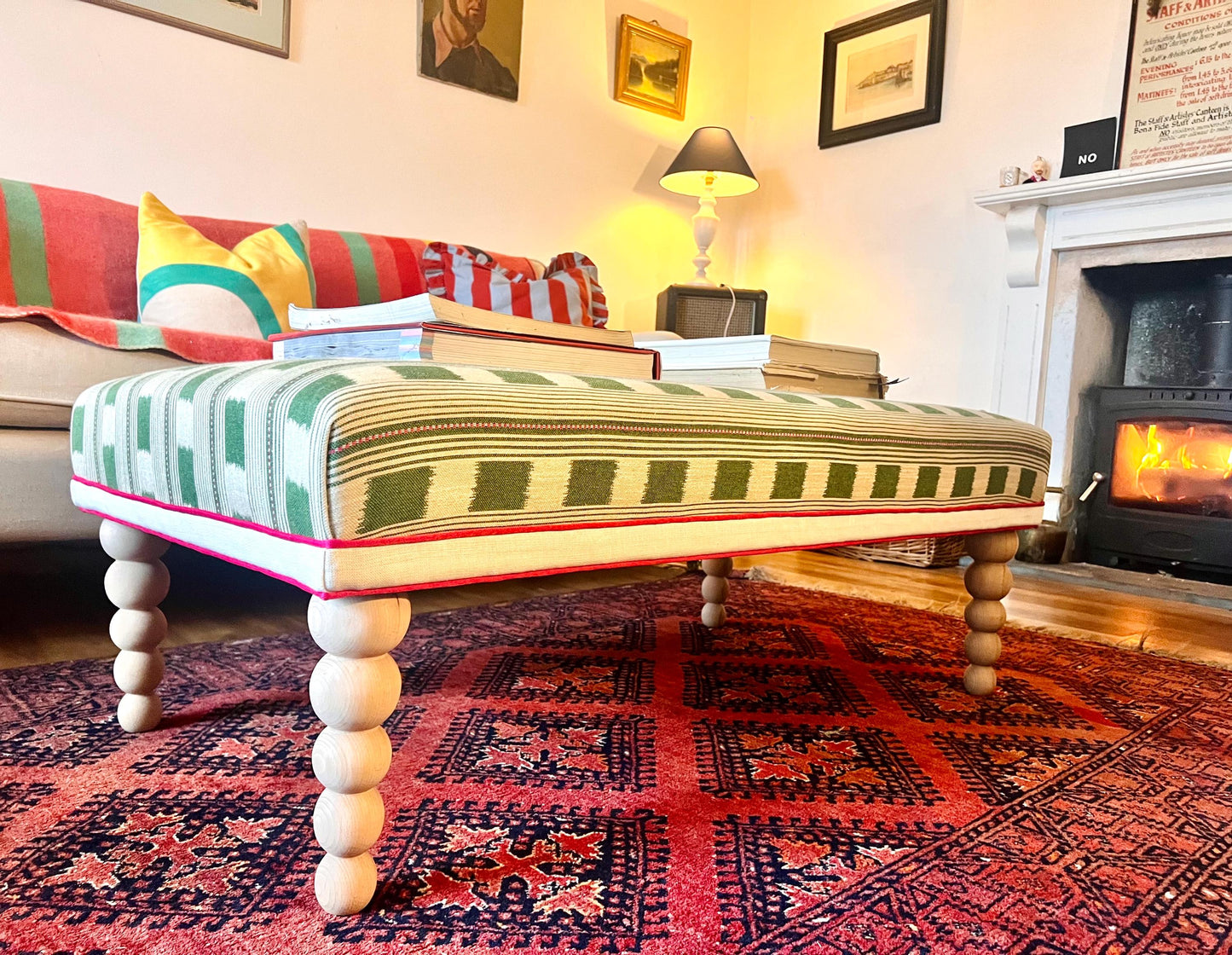 Bespoke Christopher Farr Cloth piped ottoman footstool in "Lost and Found" fabric by Kit Kemp