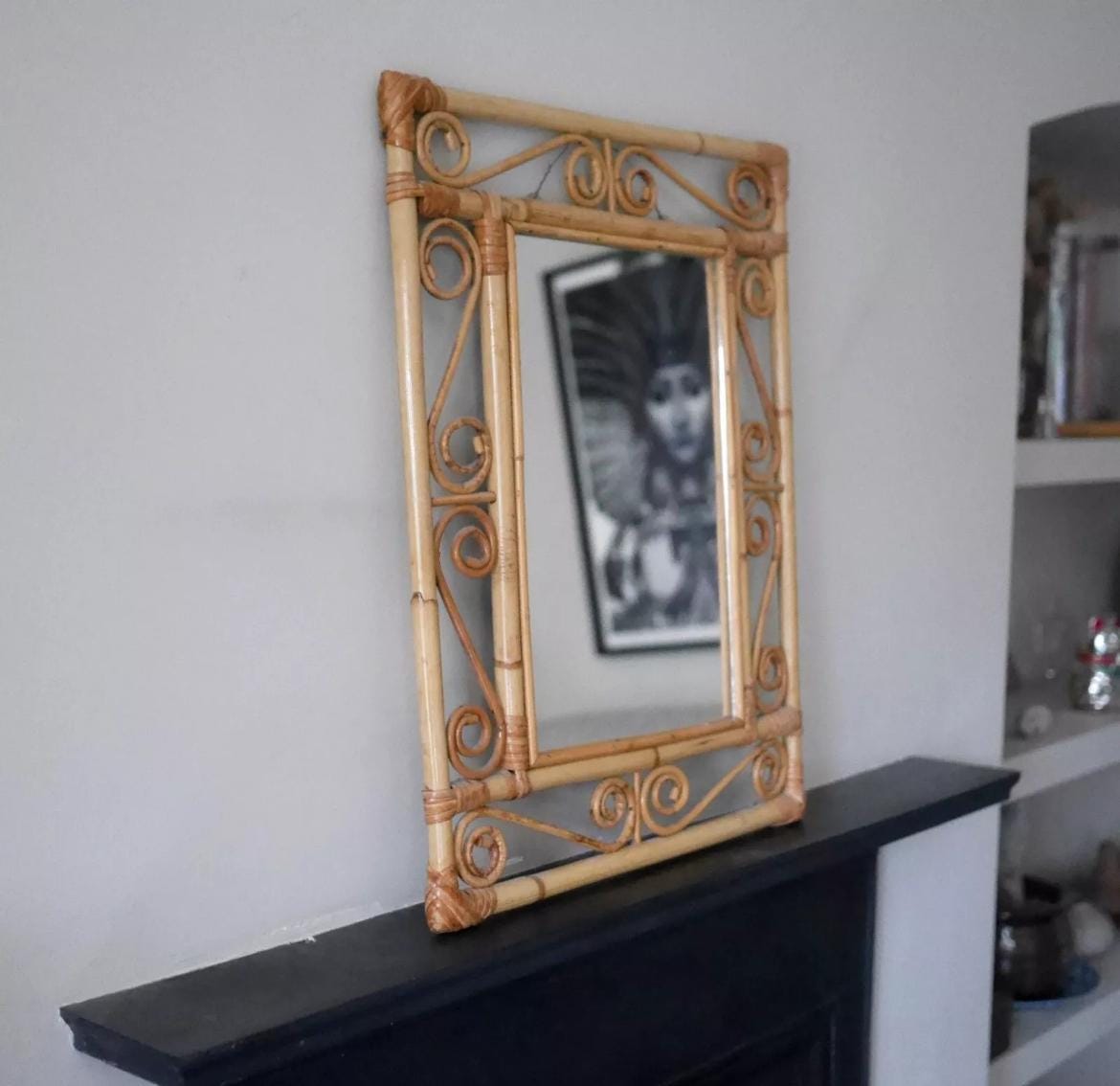 1970s decorative bamboo wall mirror, bohemian