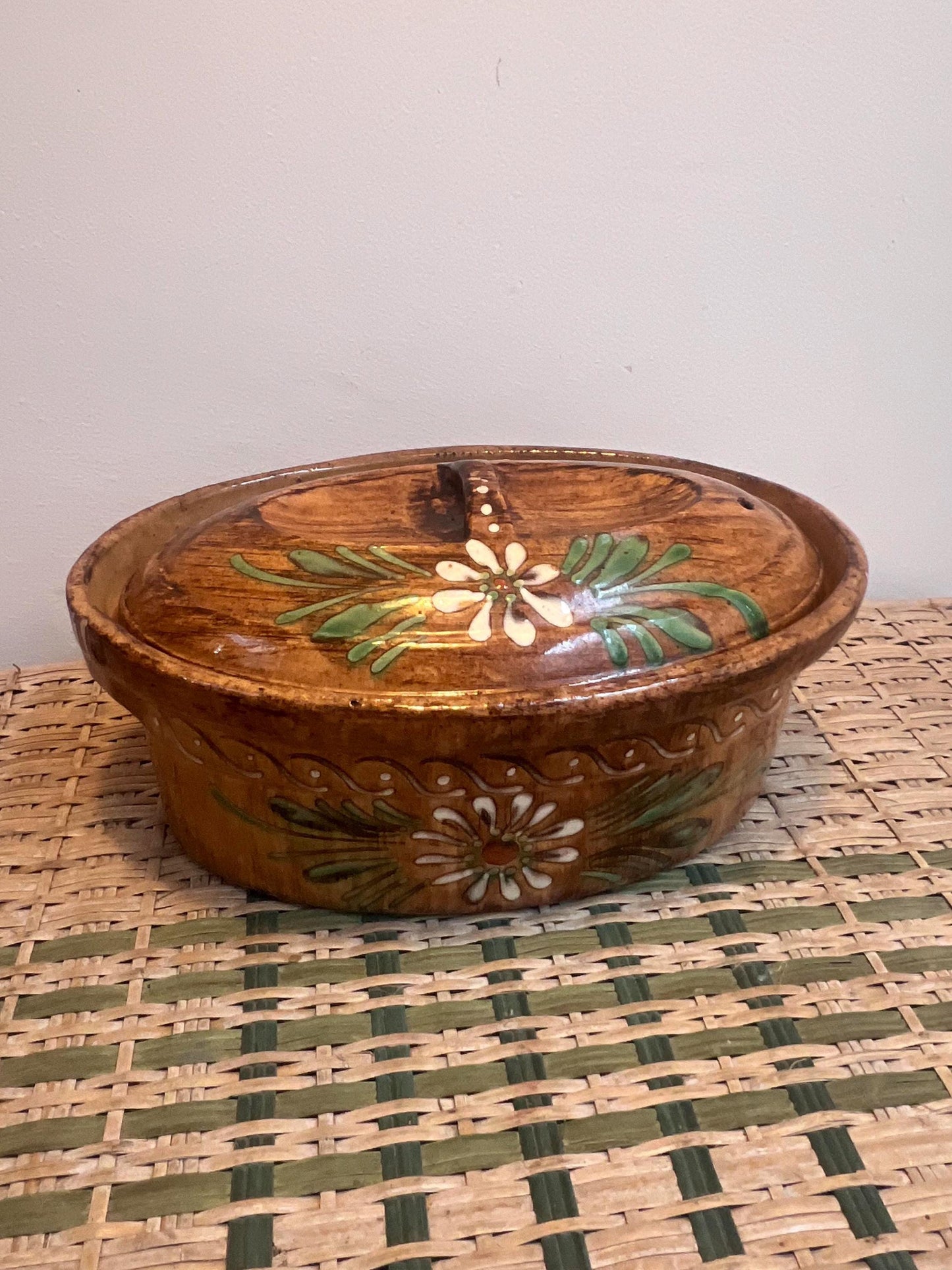 Vintage hand painted glazed casserole pot from South of France
