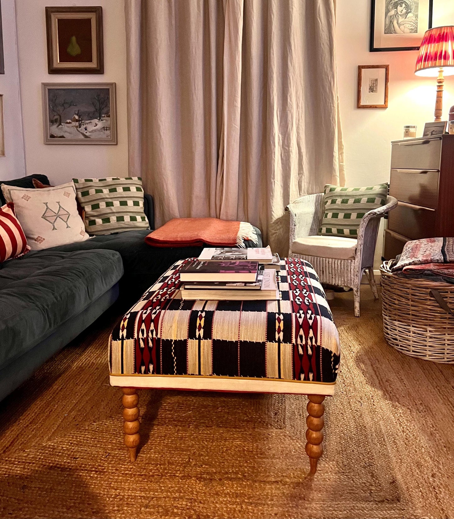 Bespoke Christopher Farr Cloth upholstered Ottoman footstool in "Chubby Check" fabric by Kit Kemp