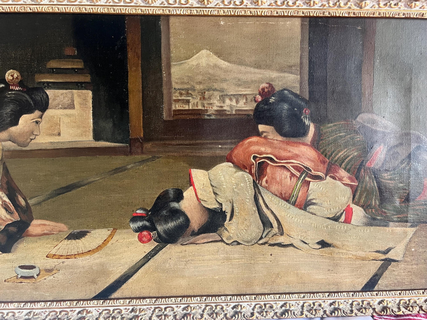 An intriguing Mid-Century oil painting of bowing Geishas by the artist F.R.Latimer signed and dated 1946