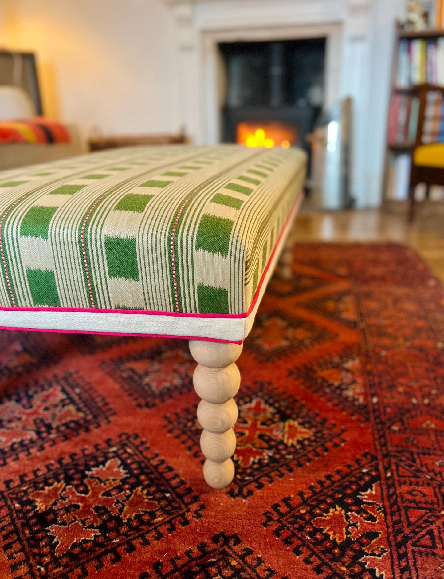Bespoke Christopher Farr Cloth piped ottoman footstool in "Lost and Found" fabric by Kit Kemp