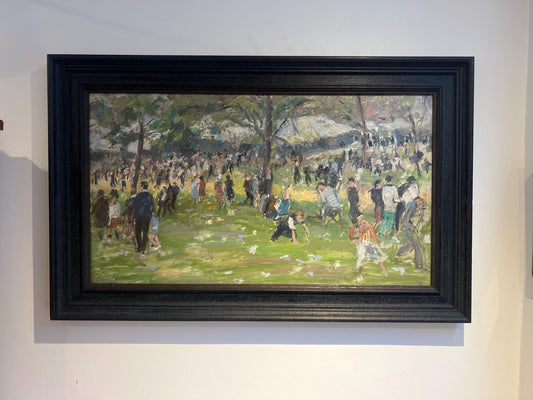 Large Mid-century Oil on board, “A Day in the Park” by British Artist Simon Goldberg (1916-2002)