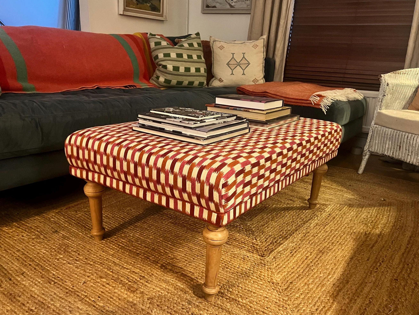 Bespoke Footstool / Ottoman in customers own fabric, custom sizes available and a choice of turned wooden legs