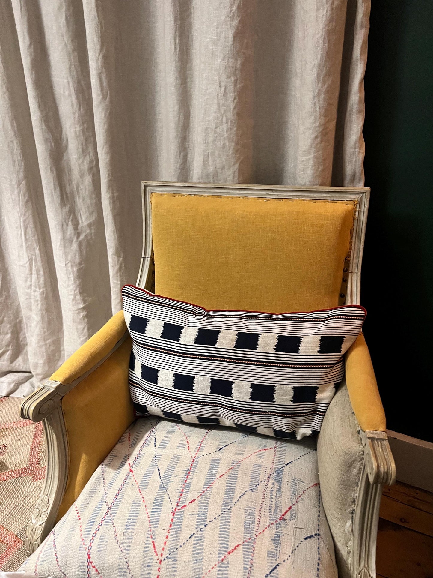 Handmade piped cushions in Christopher Farr Cloth Lost and Found by Kit Kemp