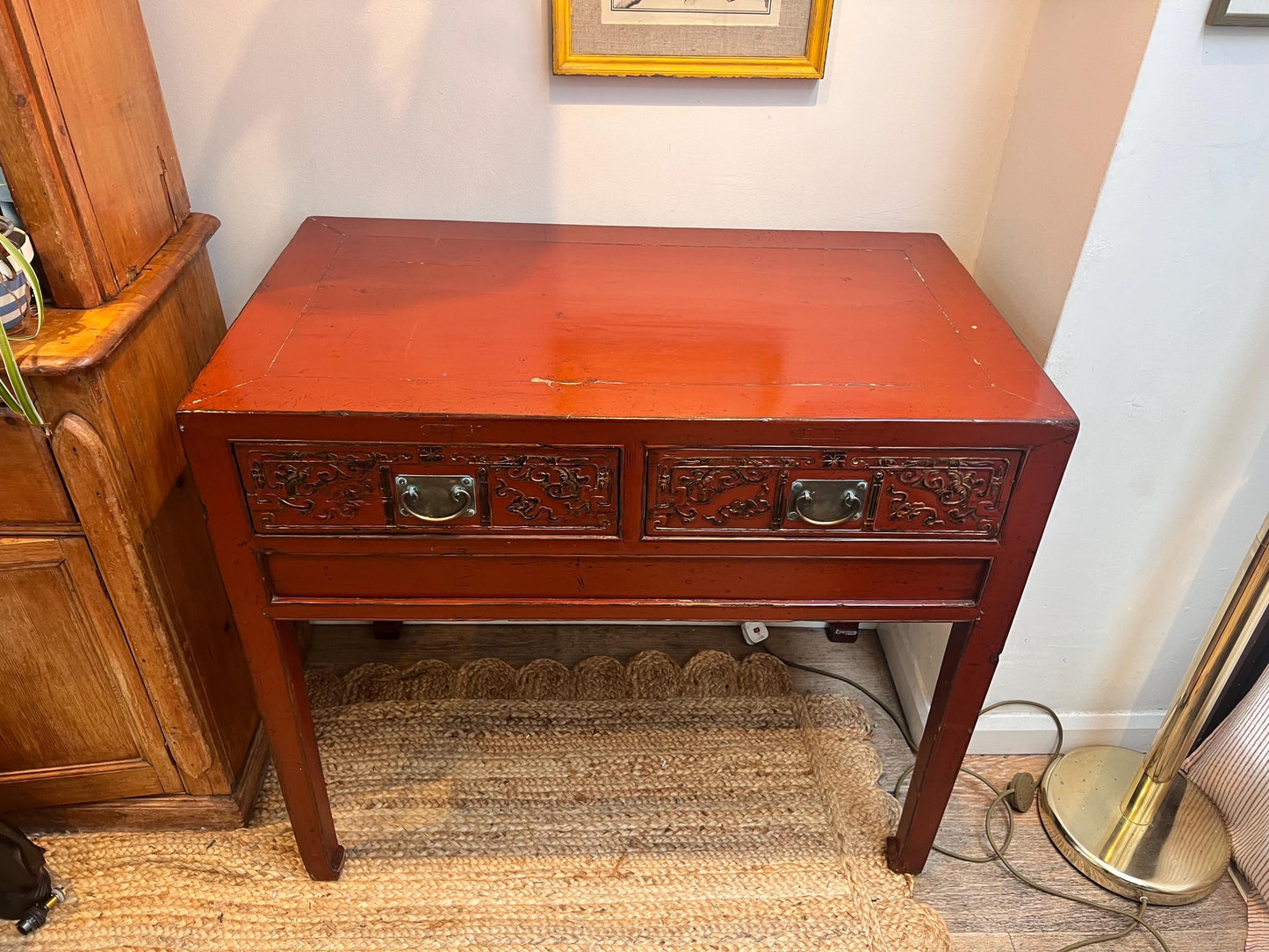 Stunning vintage oriental burnt orange lacquered console table with two drawers