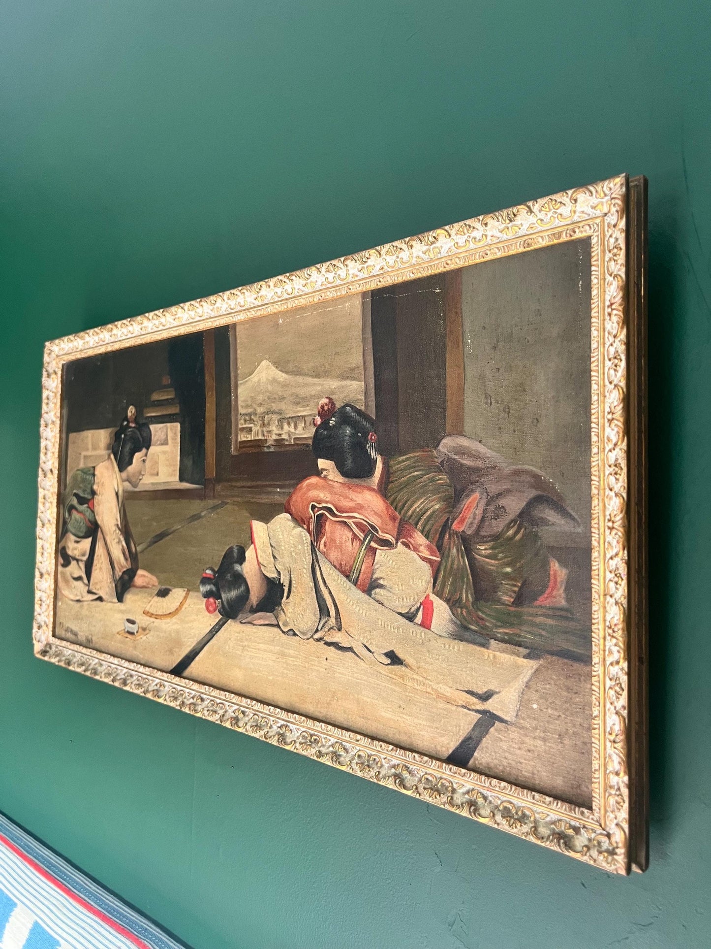 An intriguing Mid-Century oil painting of bowing Geishas by the artist F.R.Latimer signed and dated 1946
