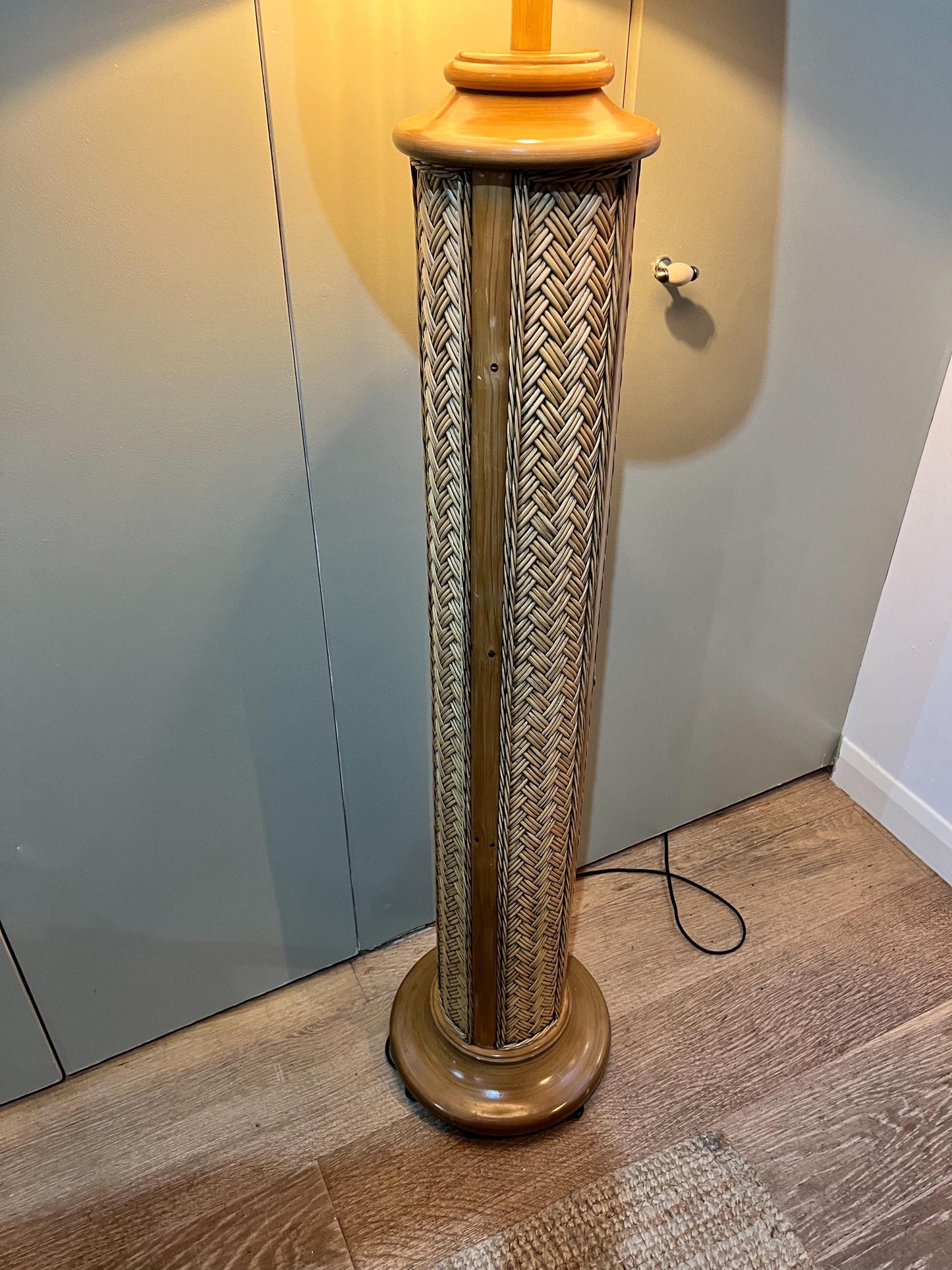 Vintage 1970s woven rattan floor-standing lamp, paired with a handmade blockprinted silk ikat lampshade.